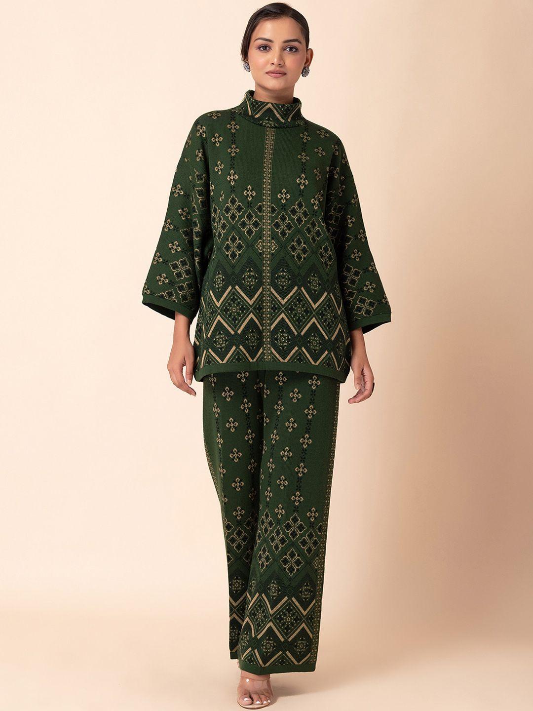 indya geometric printed knitted high neck a-line kurta with palazzo