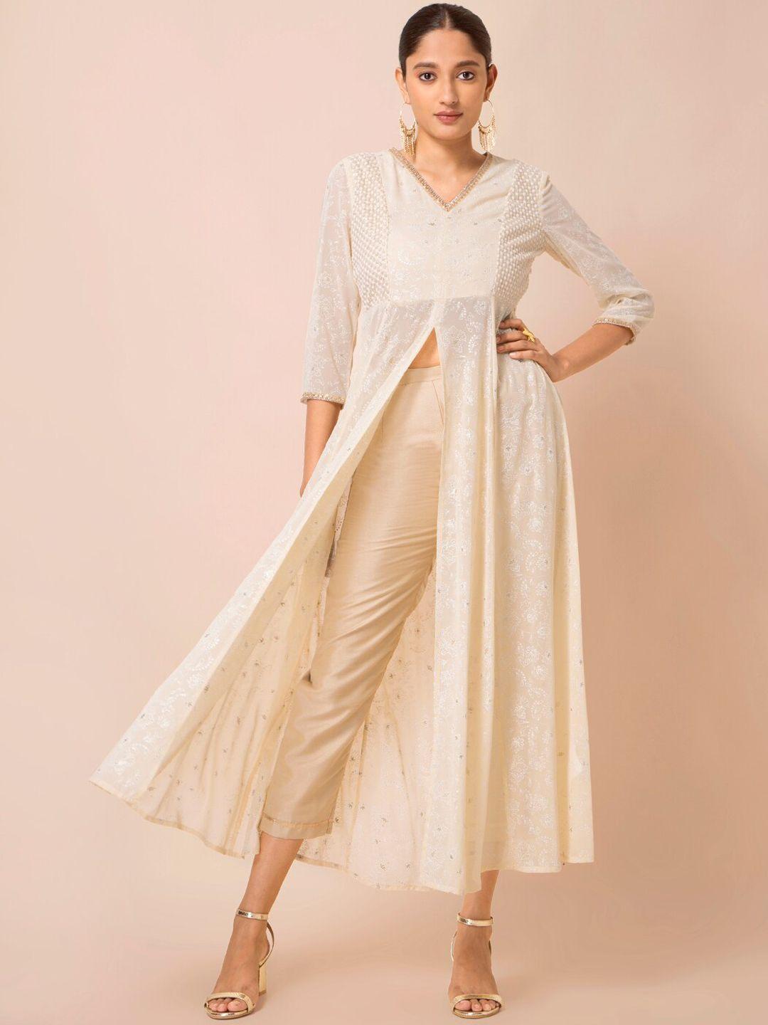 indya ivory embroidered panelled high slit tunic