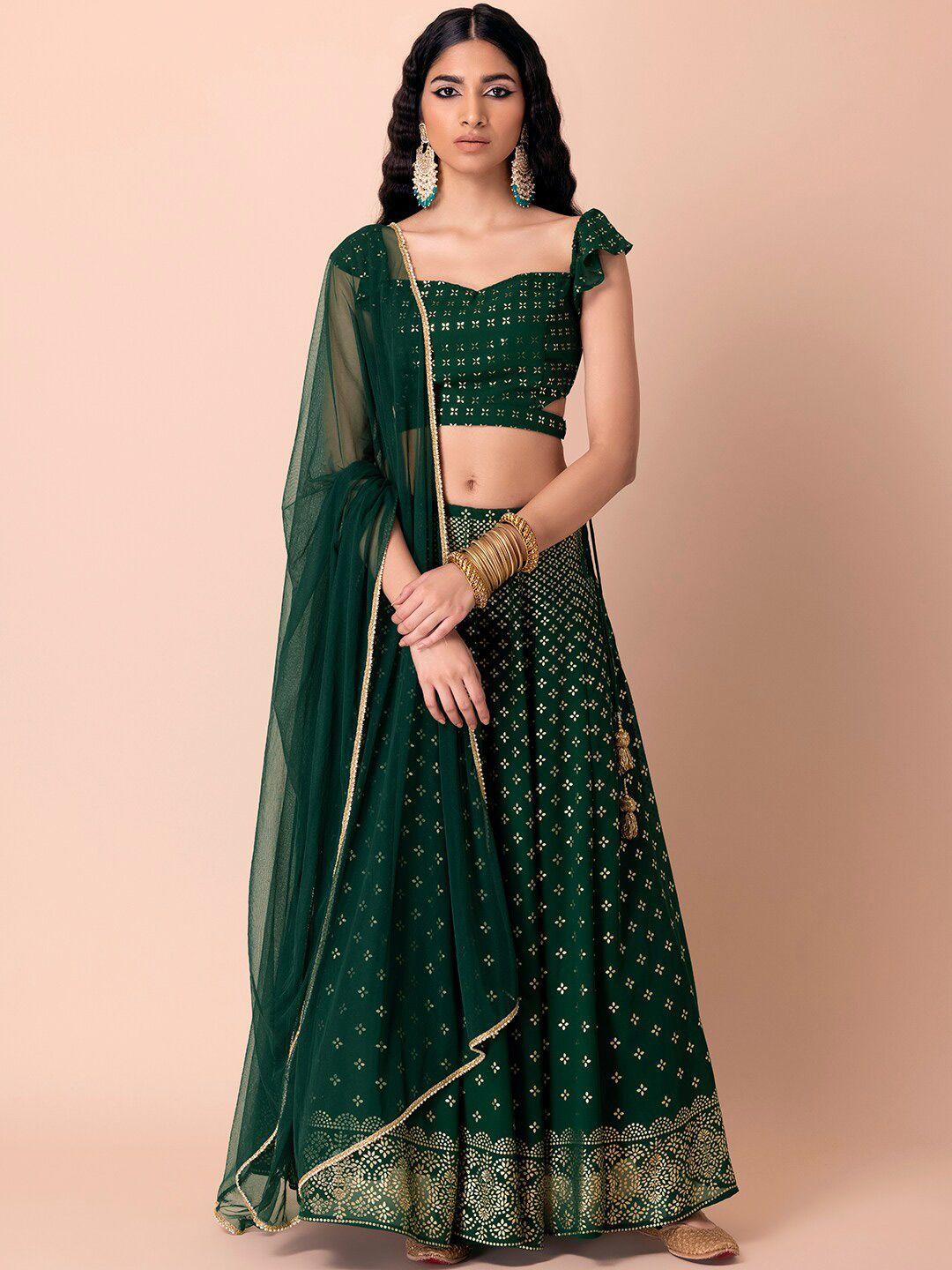 indya luxe green & gold-toned embroidered lehenga & blouse with dupatta