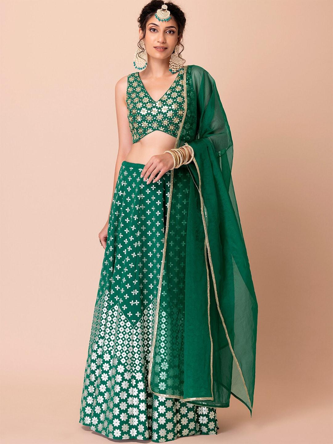 indya luxe green & gold-toned embroidered ready to wear lehenga & blouse with dupatta