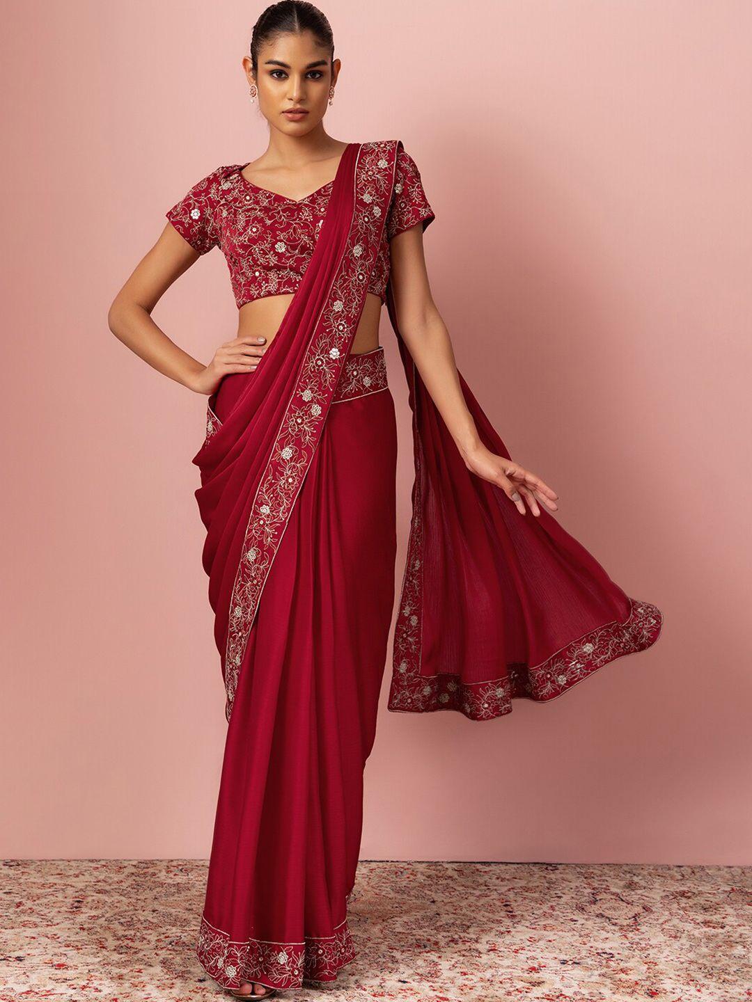 indya luxe red sequinned poly chiffon ready to wear saree