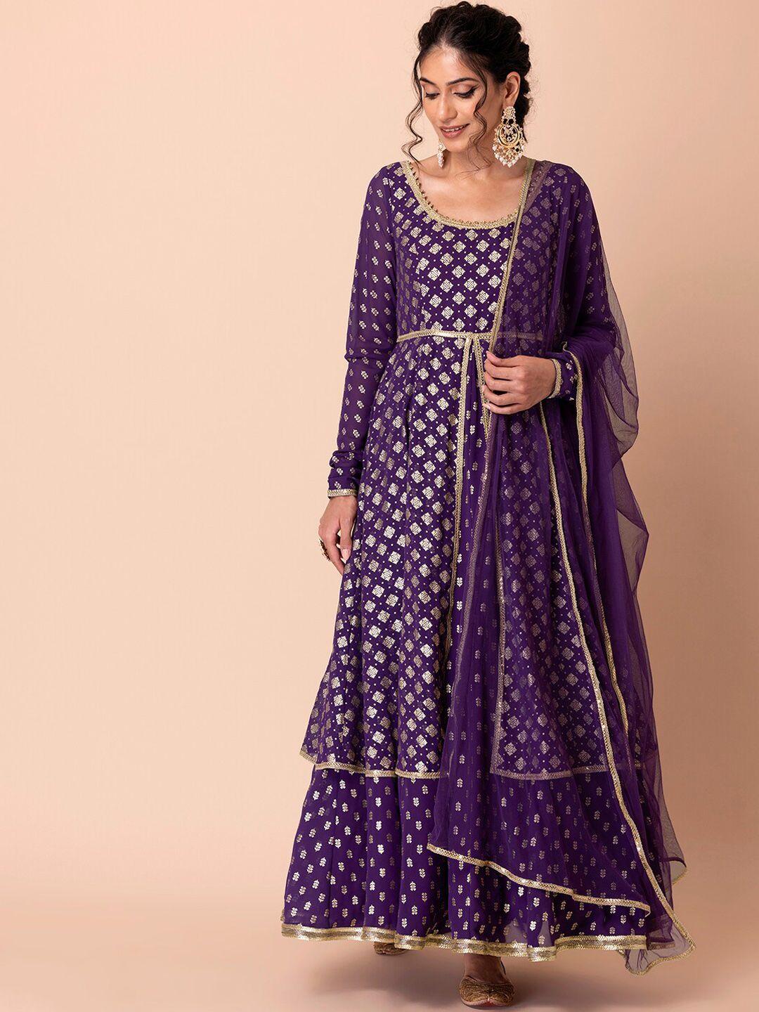 indya luxe women floral foil printed layered empire gotta patti kurta with skirt & dupatta