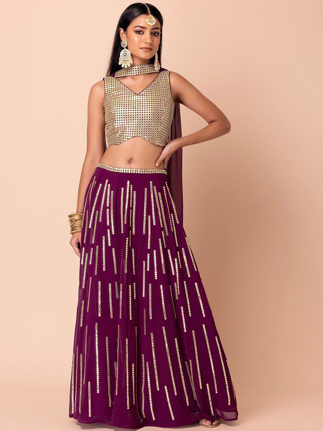 indya luxe women purple & gold-toned embroidered mirror work ready to wear lehenga set