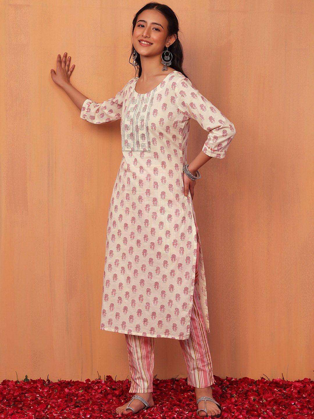 indya printed & embroidered cotton straight kurta with trouser set