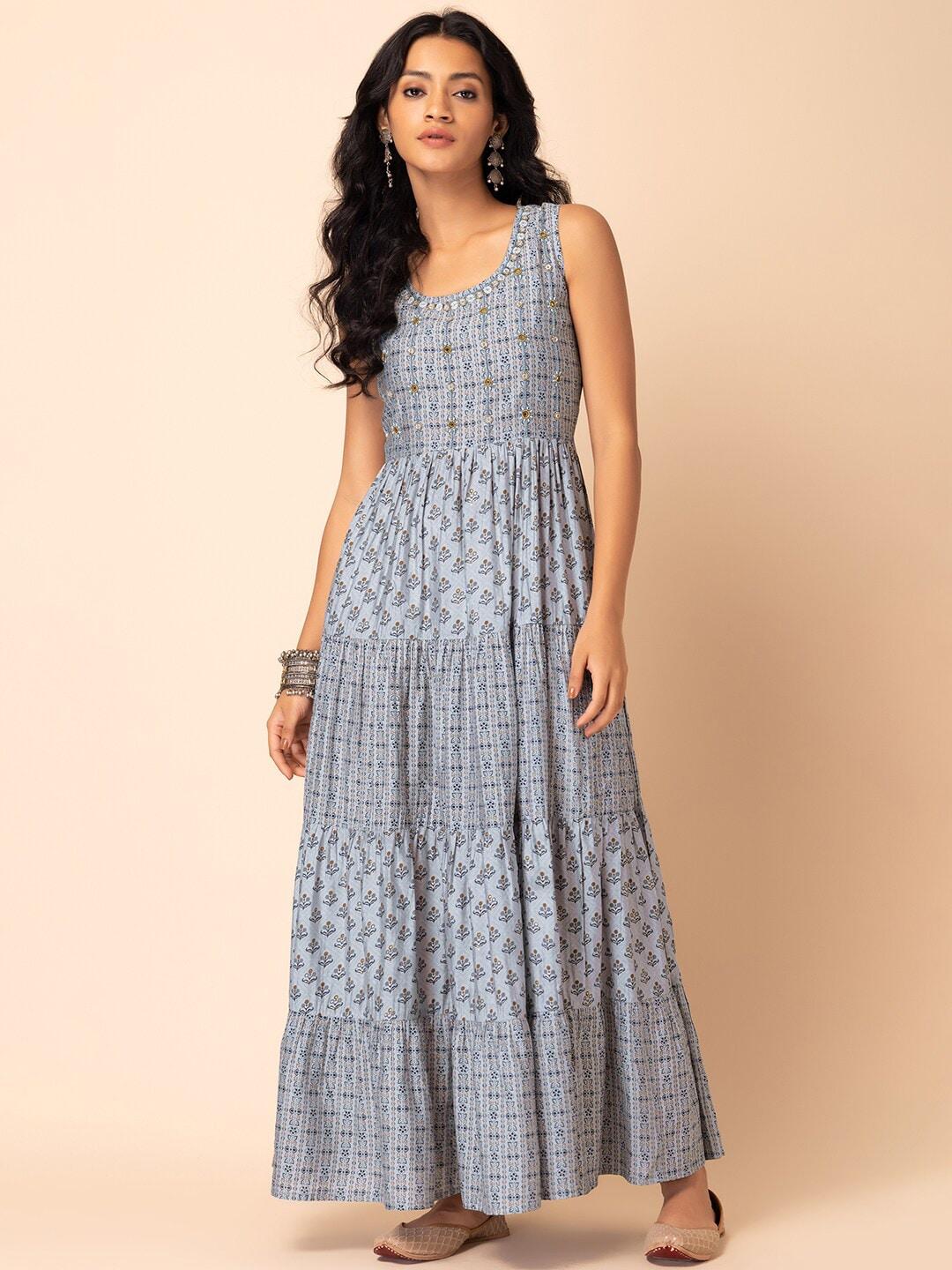 indya printed & embroidered maxi tiered dress