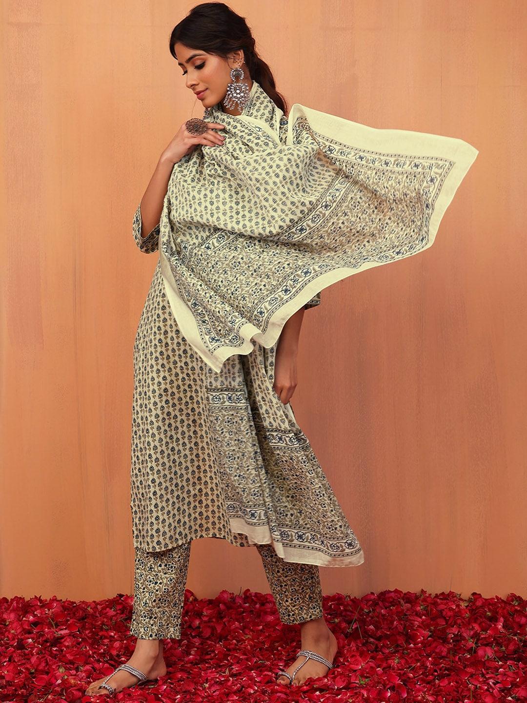 indya printed a-line kurta with trouser & dupatta