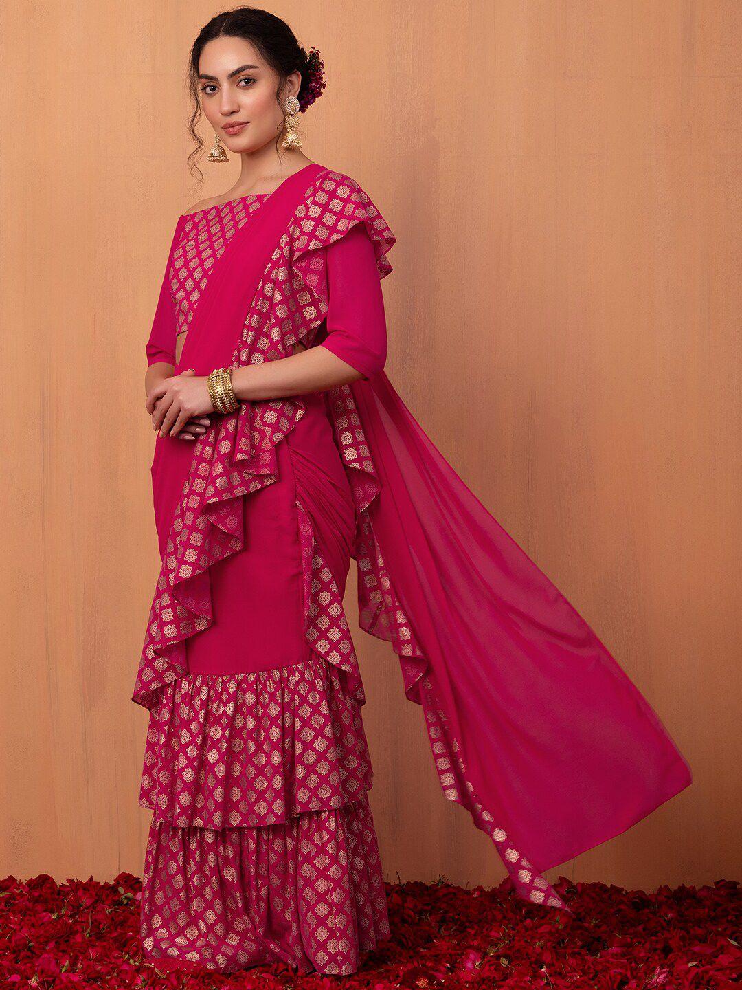 indya printed ruffle saree with blouse piece