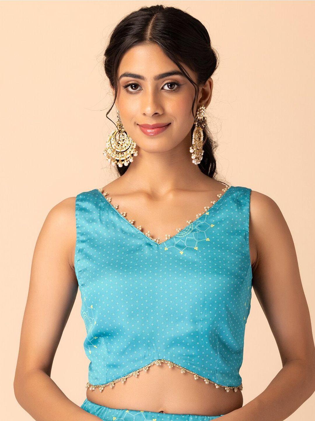 indya printed v-neck sleeveless beads & stones saree blouse