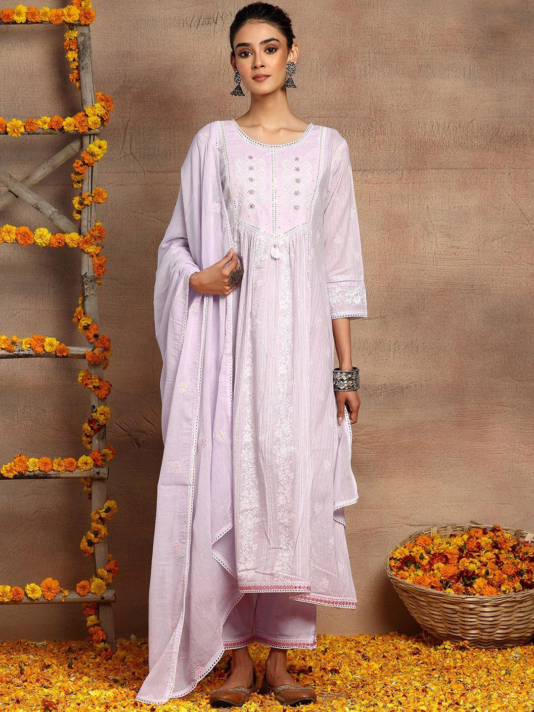indya round neck floral embroidered pure cotton a-line kurta with trousers & dupatta