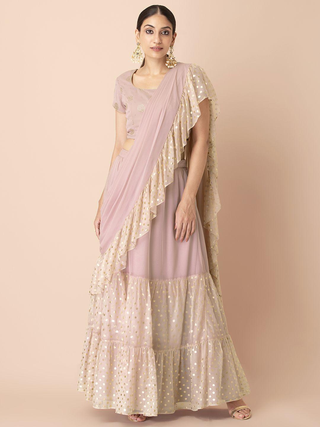 indya shraddha kapoor pink & golden polka printed tiered maxi-skirt with attached dupatta