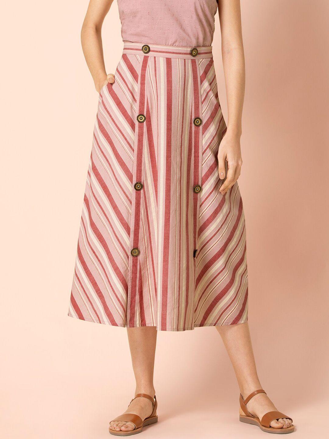 indya striped pure cotton buttoned a-line midi skirt