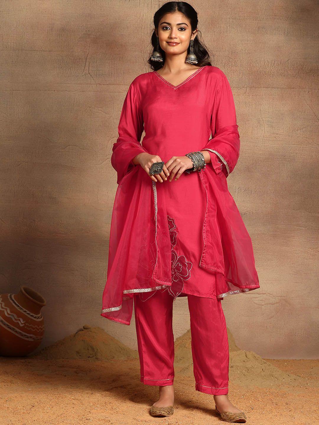 indya v-neck embroidered straight kurta with trousers & dupatta