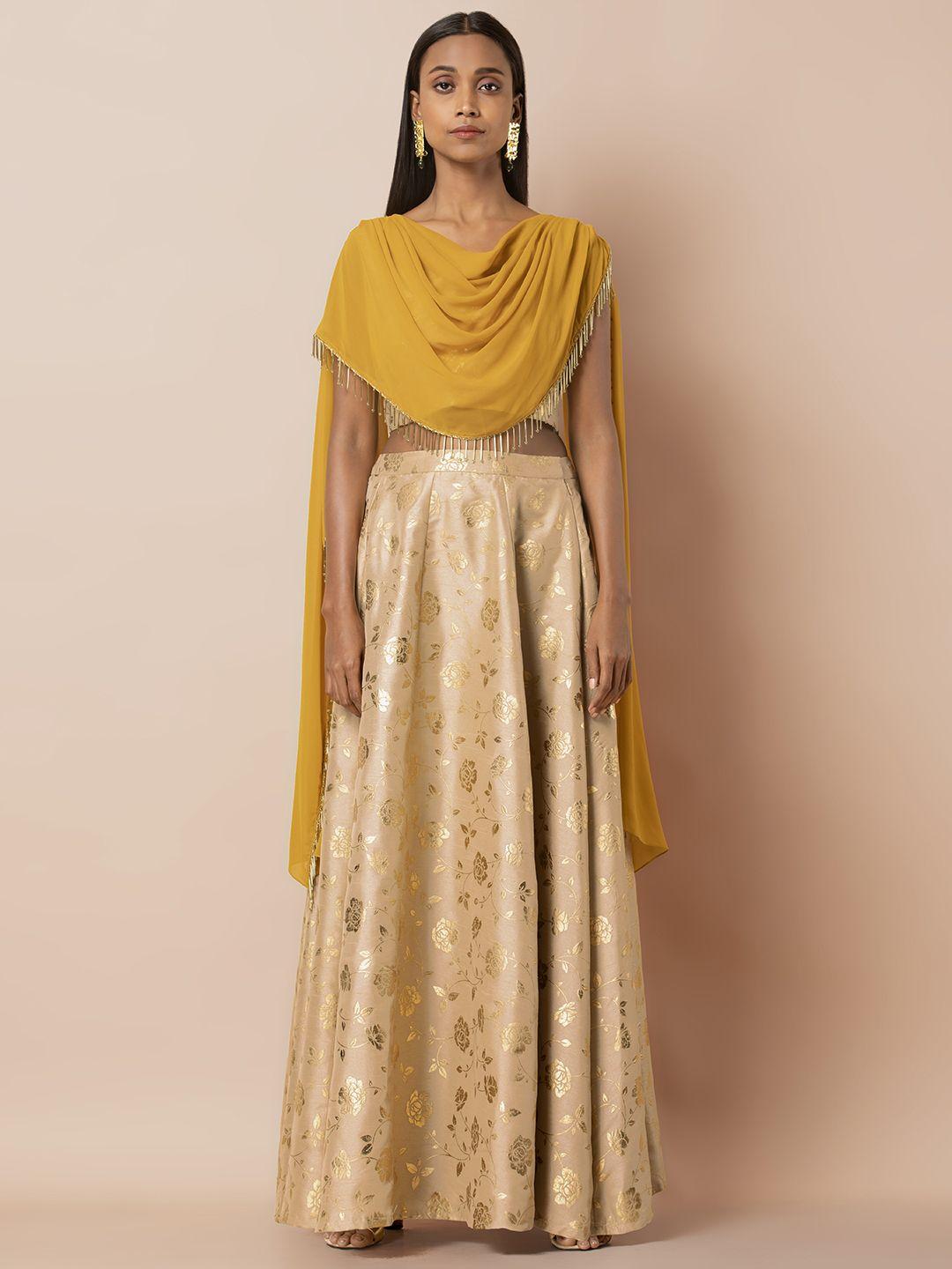 indya women beige embellished crop top with attached mustard yellow dupatta