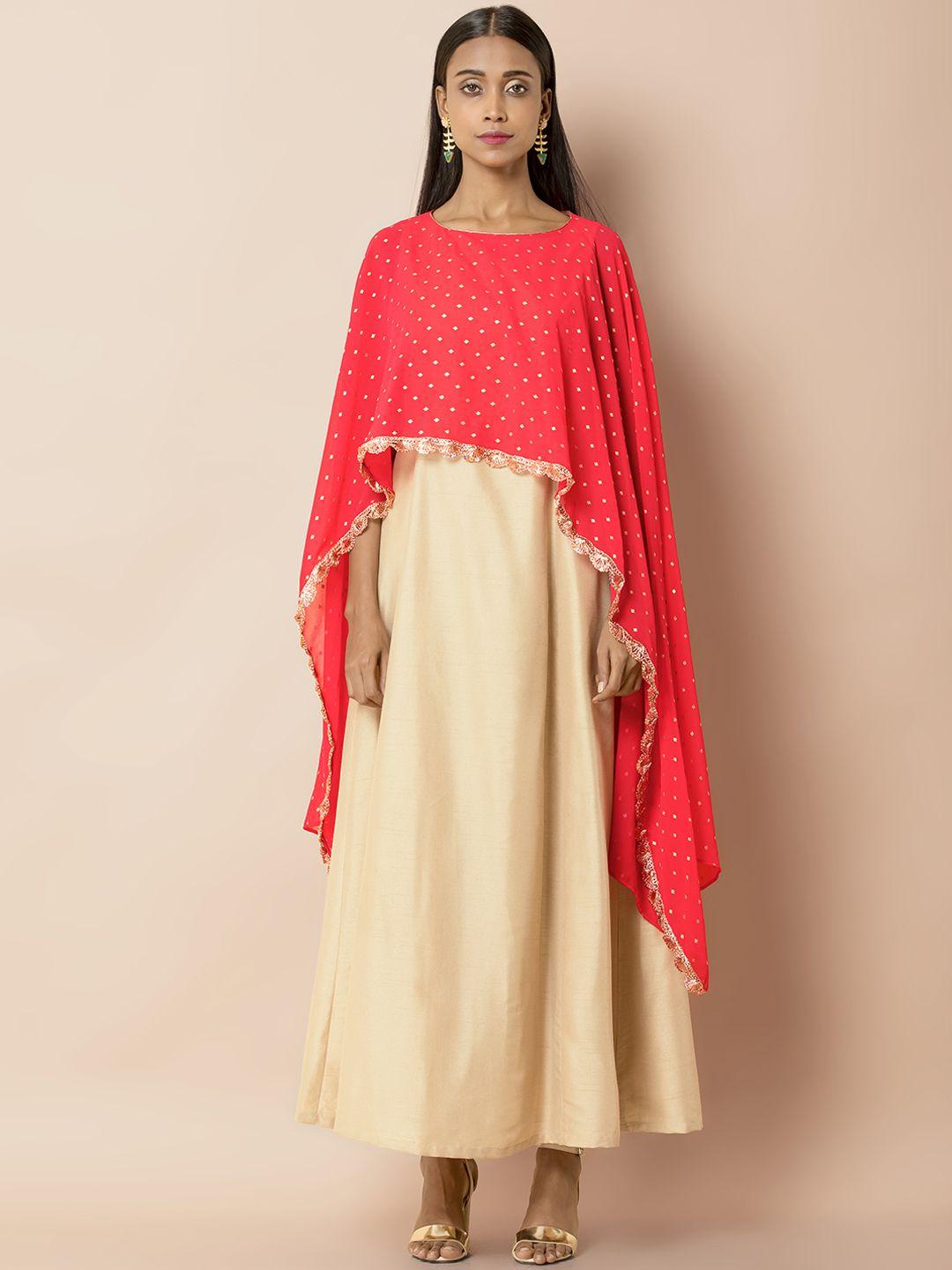 indya women beige red embroidered maxi dress with attached pink foil cape