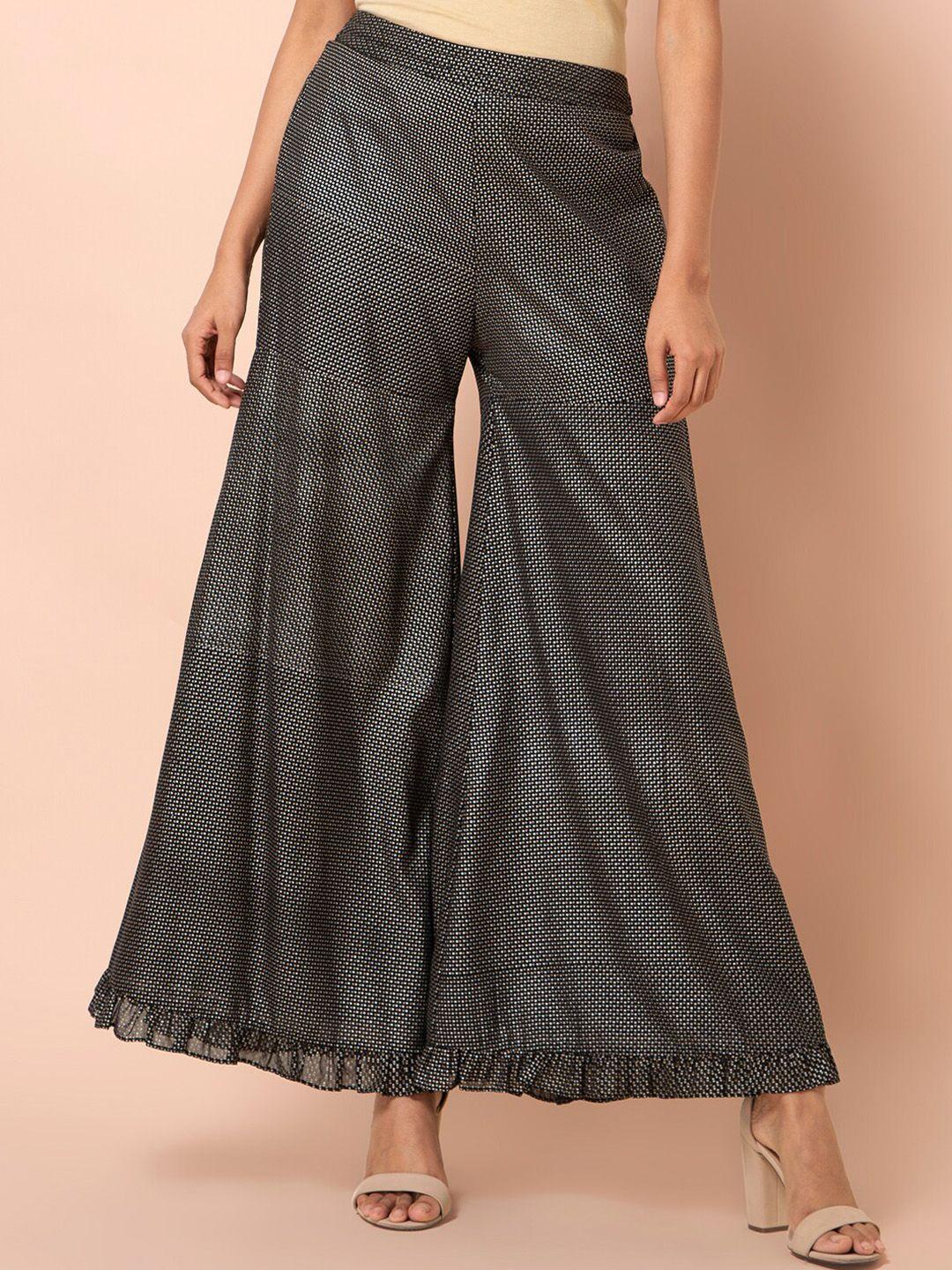 indya women black foil print layered sharara pants