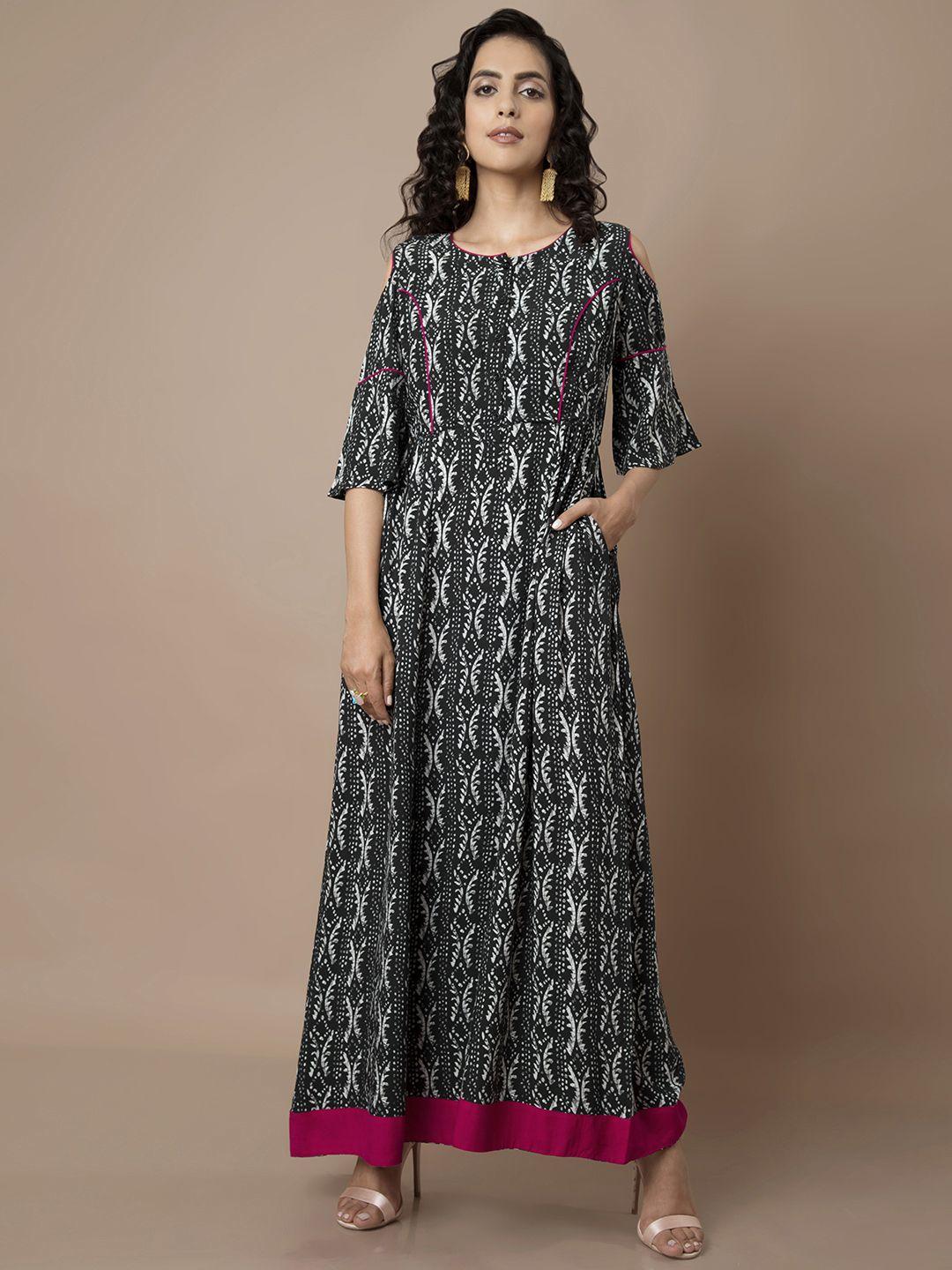 indya women black printed a-line ethnic maxi dress
