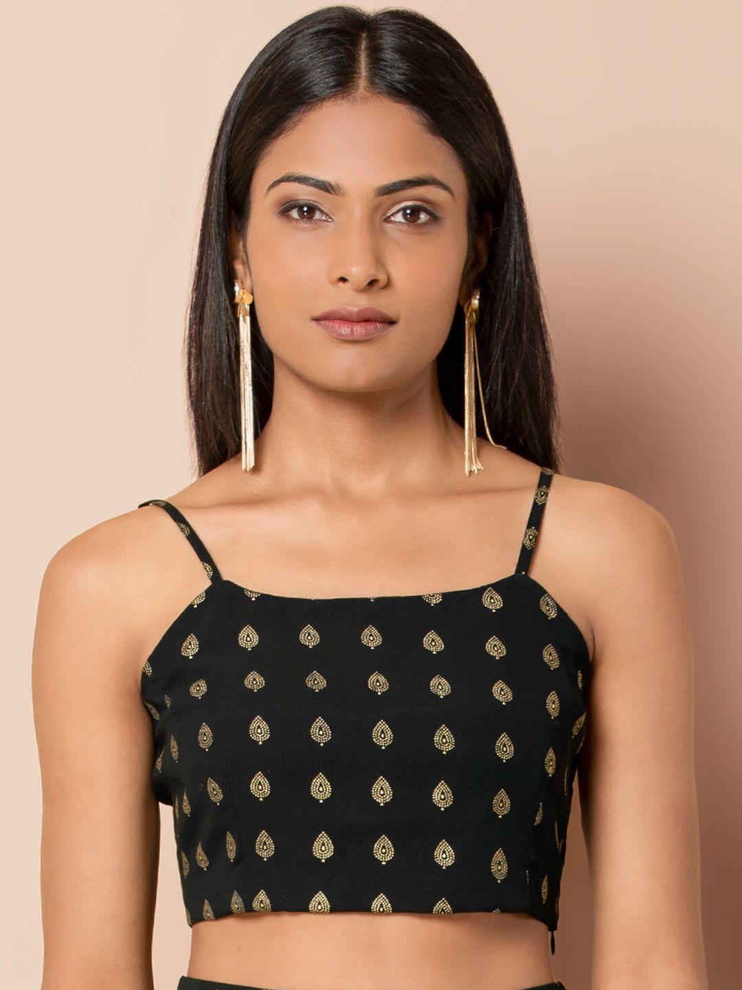 indya women black printed fitted crop top