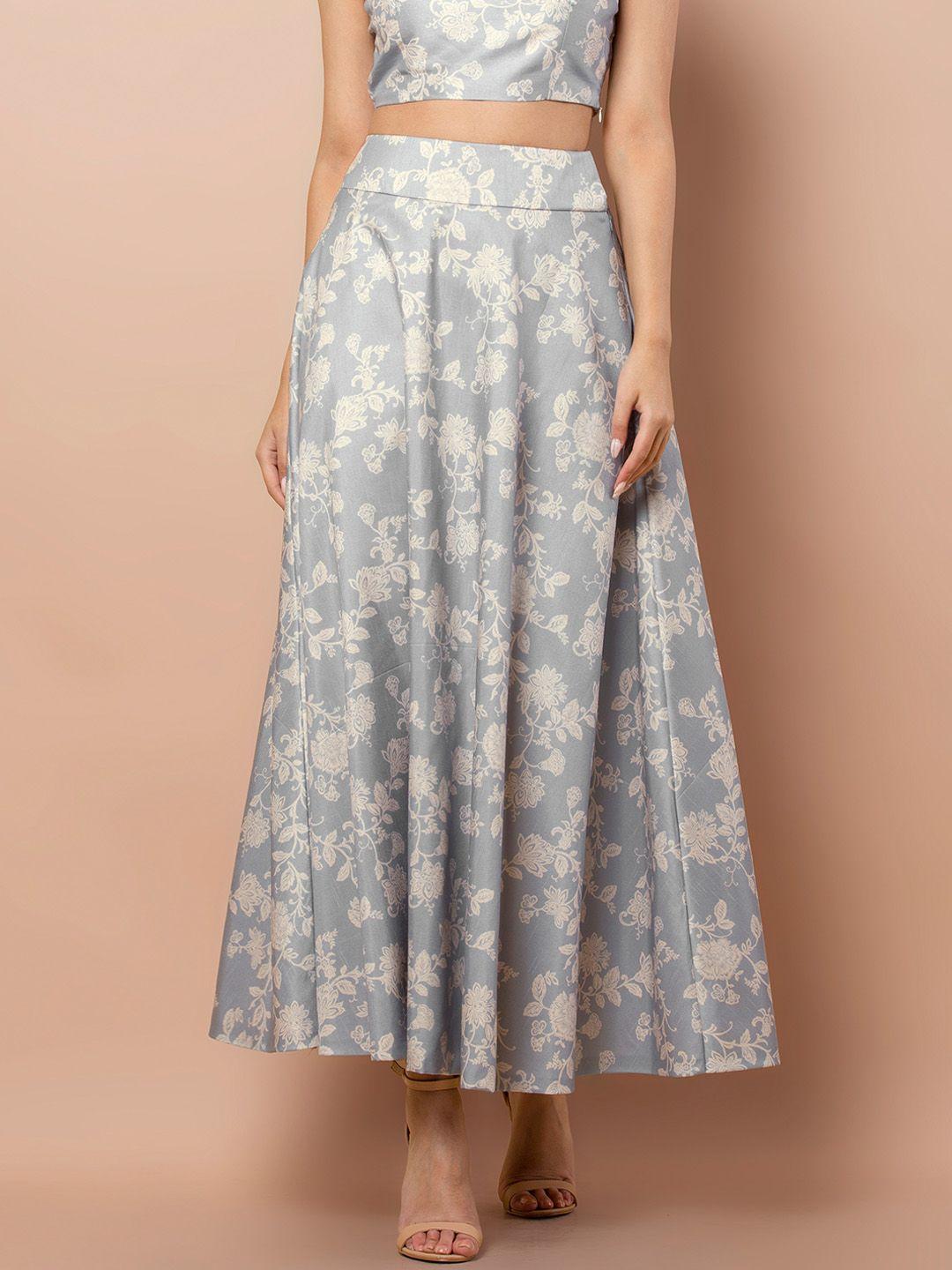indya women blue & white printed flared maxi skirt