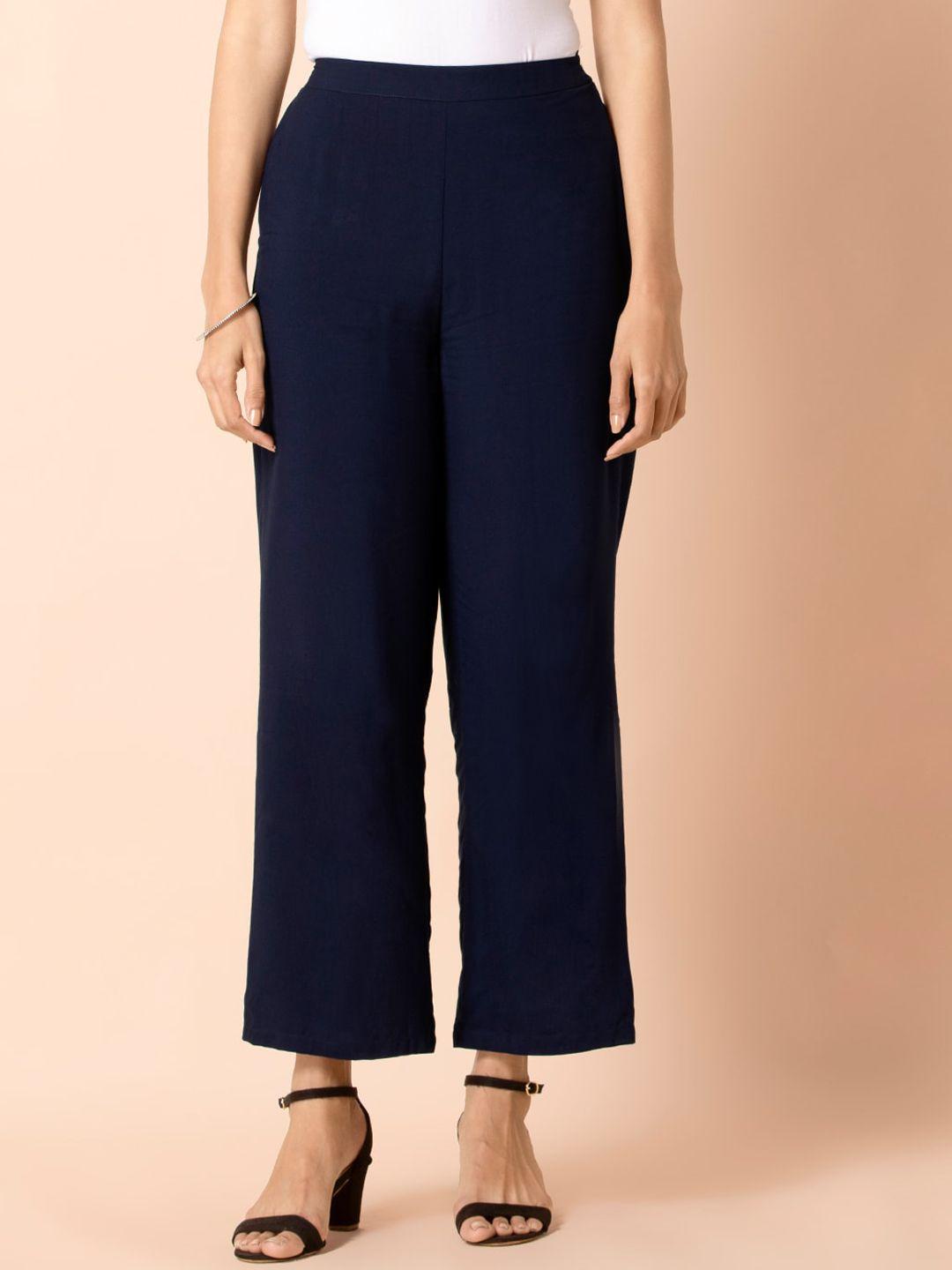 indya women blue solid parallel trousers