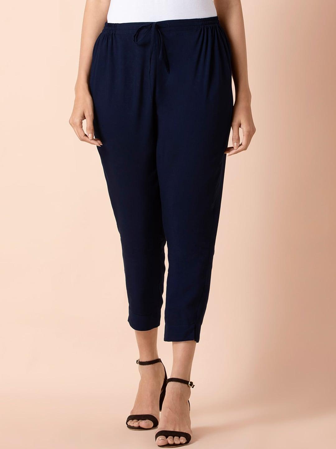indya women blue straight fit cigarette trousers