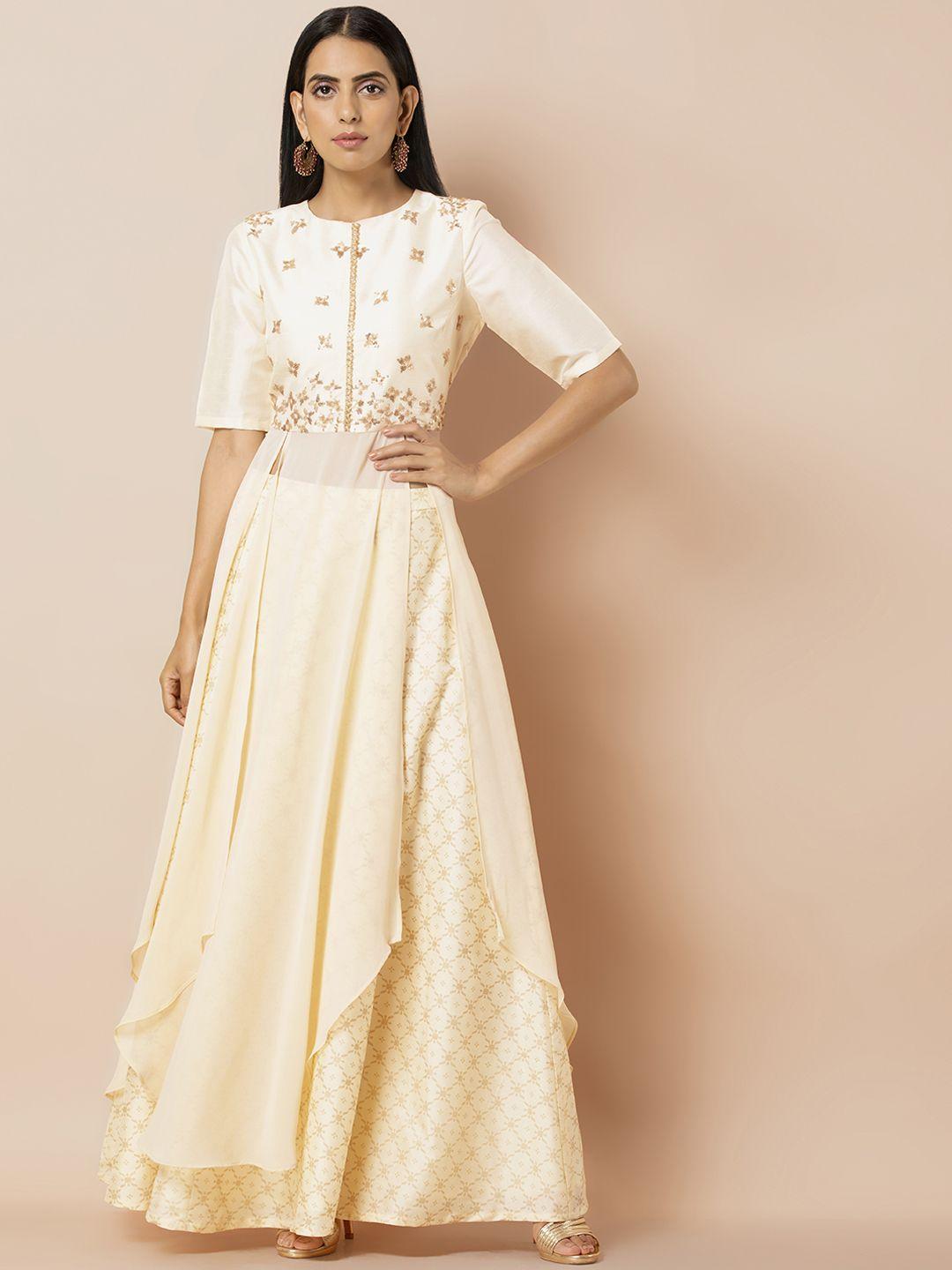 indya women cream-coloured embroidered asymmetrical hem a-line kurta
