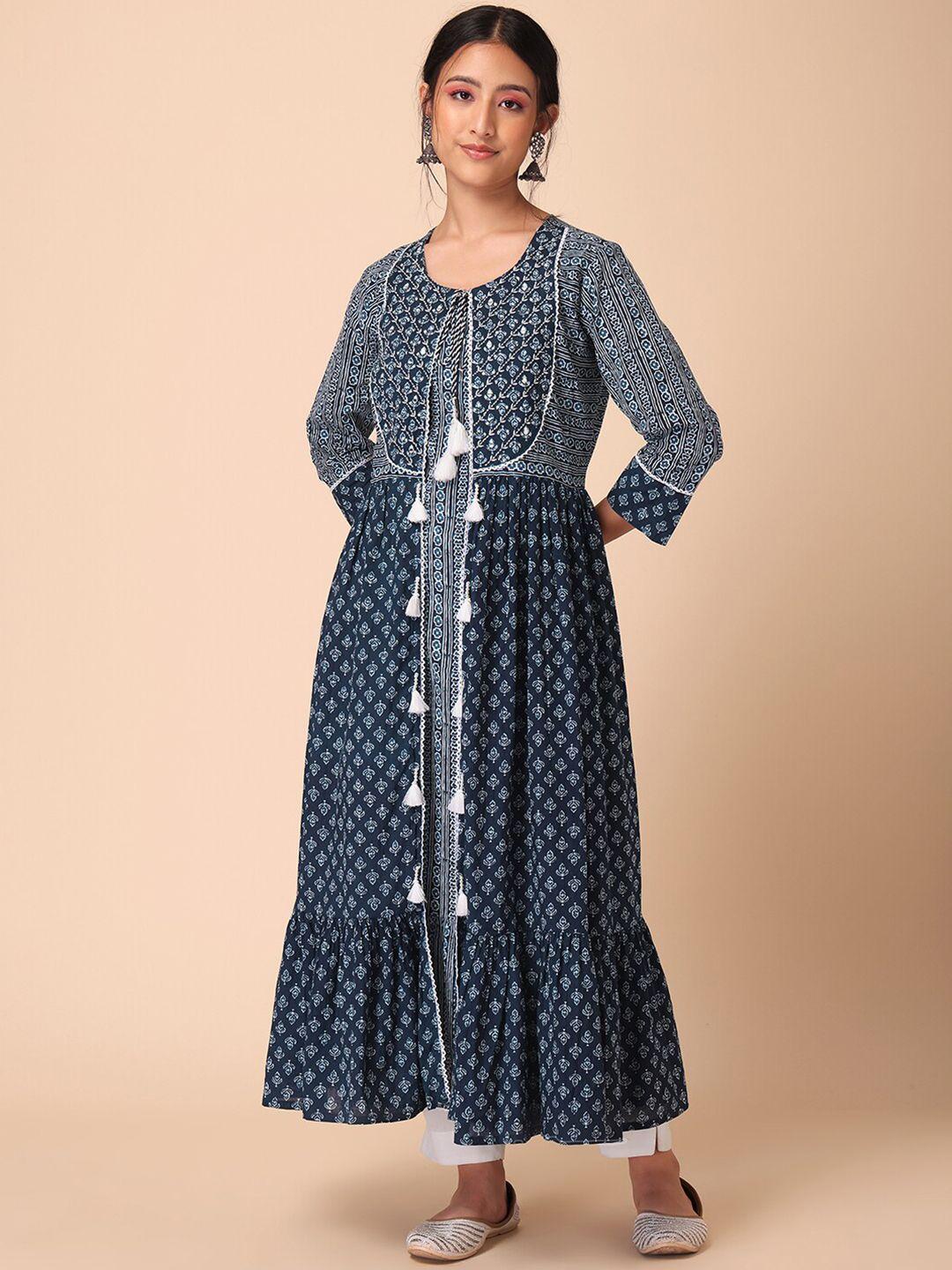 indya women ethnic motifs boota printed layered pure cotton kurta
