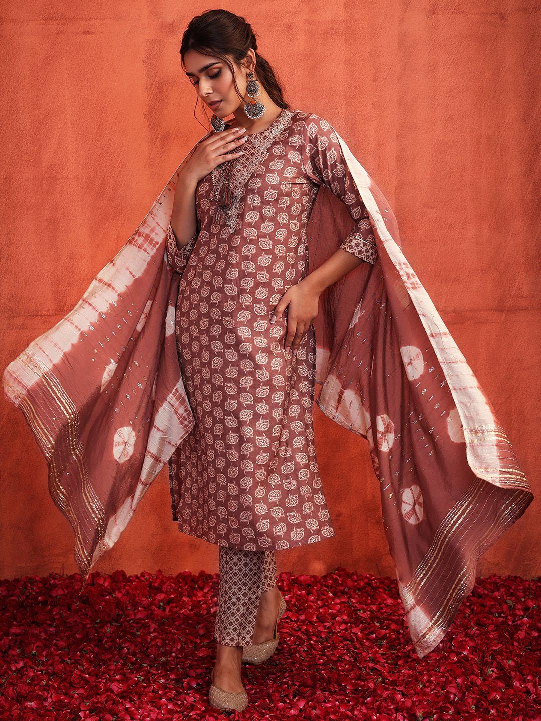 indya women ethnic motifs printed kurta with trousers & dupatta
