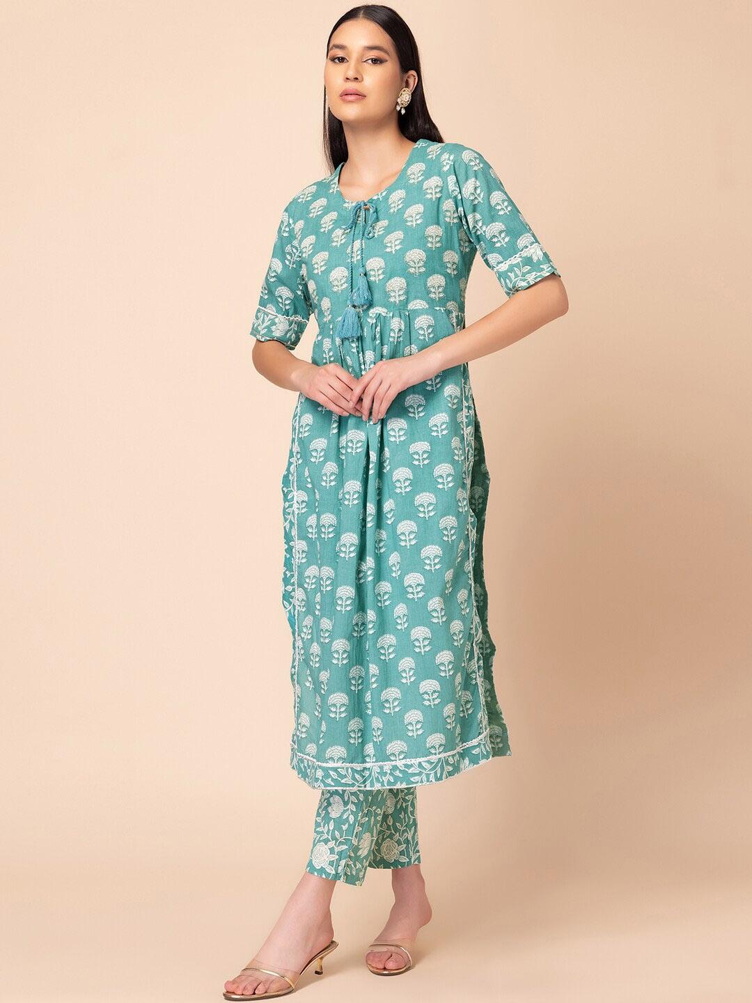 indya women ethnic motifs printed pleated pure cotton kurti with trousers