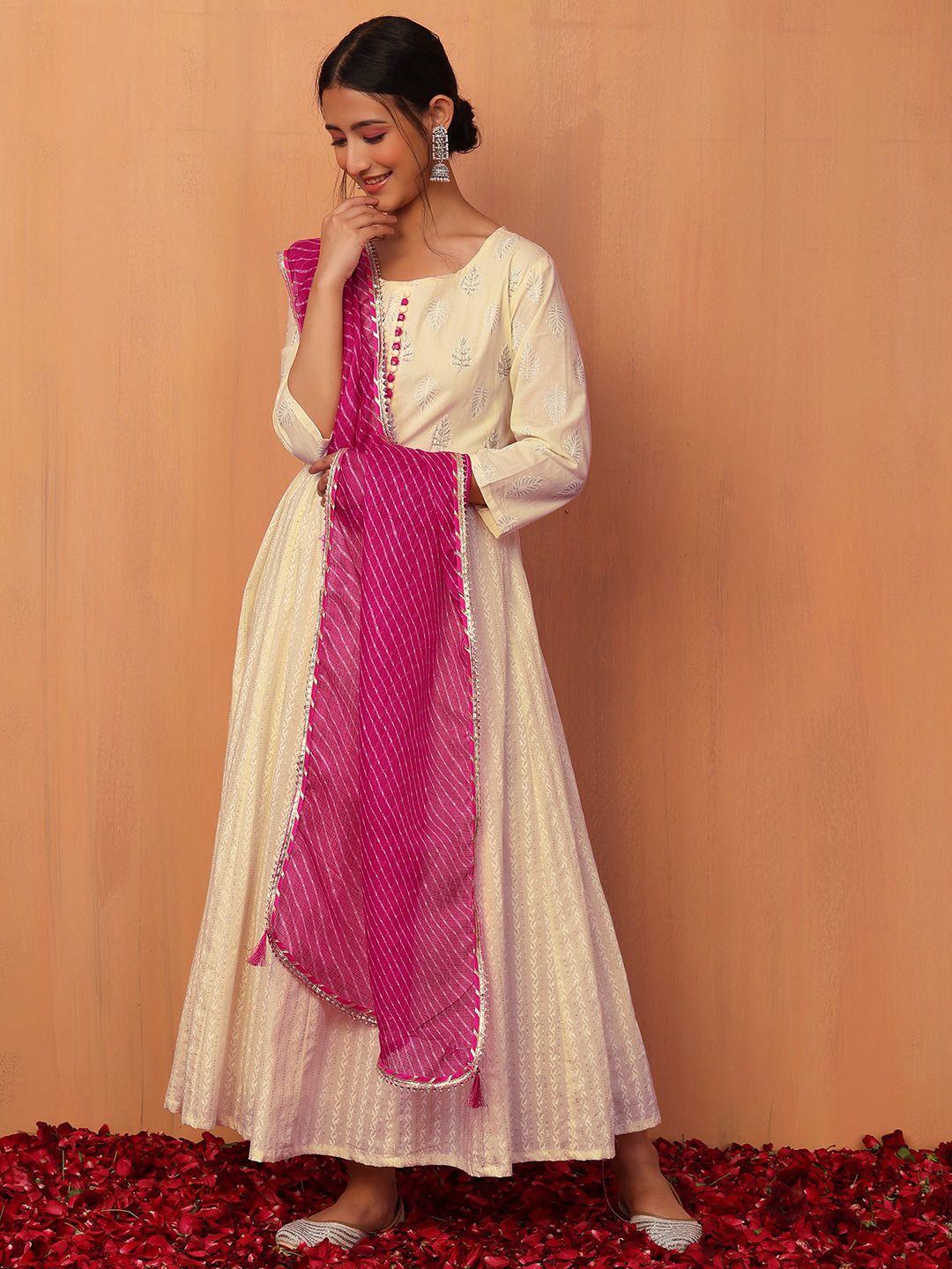 indya women ethnic motifs printed pure cotton anarkali kurta with trouser & dupatta