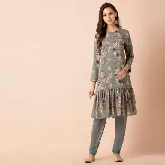 indya women floral print three-quarter sleeves ruffled tunic