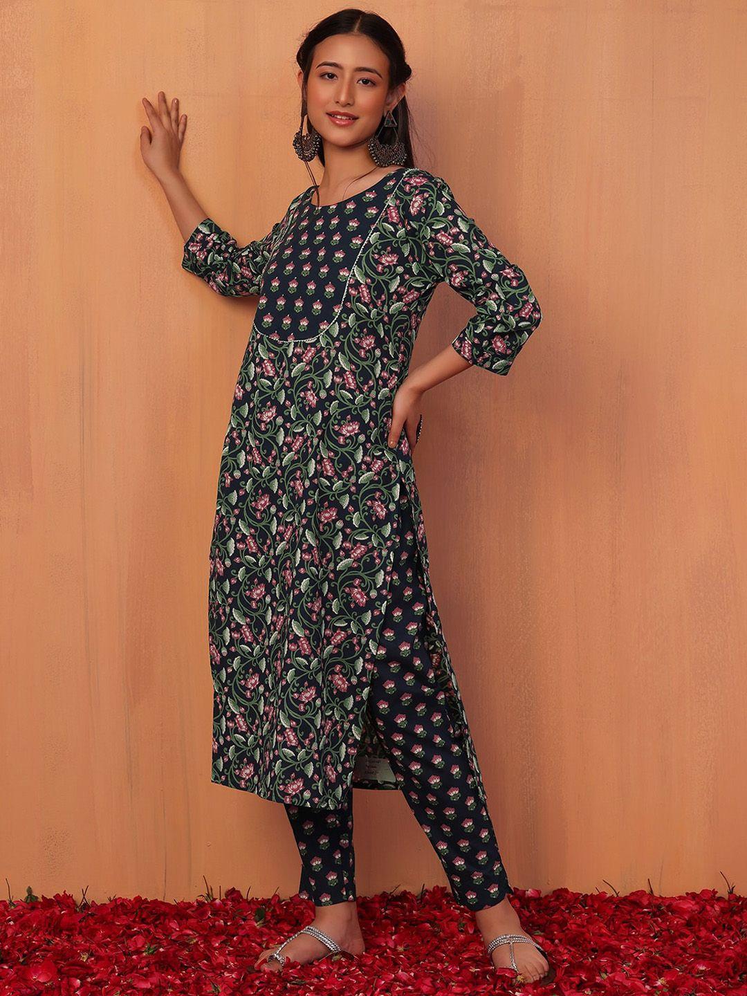 indya women floral printed pure cotton kurta with trousers