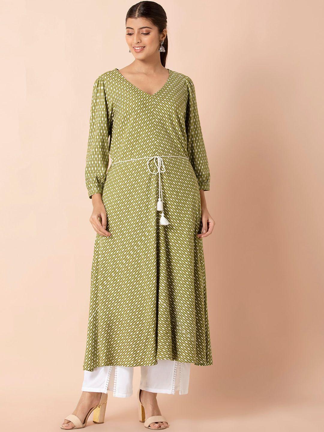 indya-women-green-geometric-printed--mitered-a-line-tunic