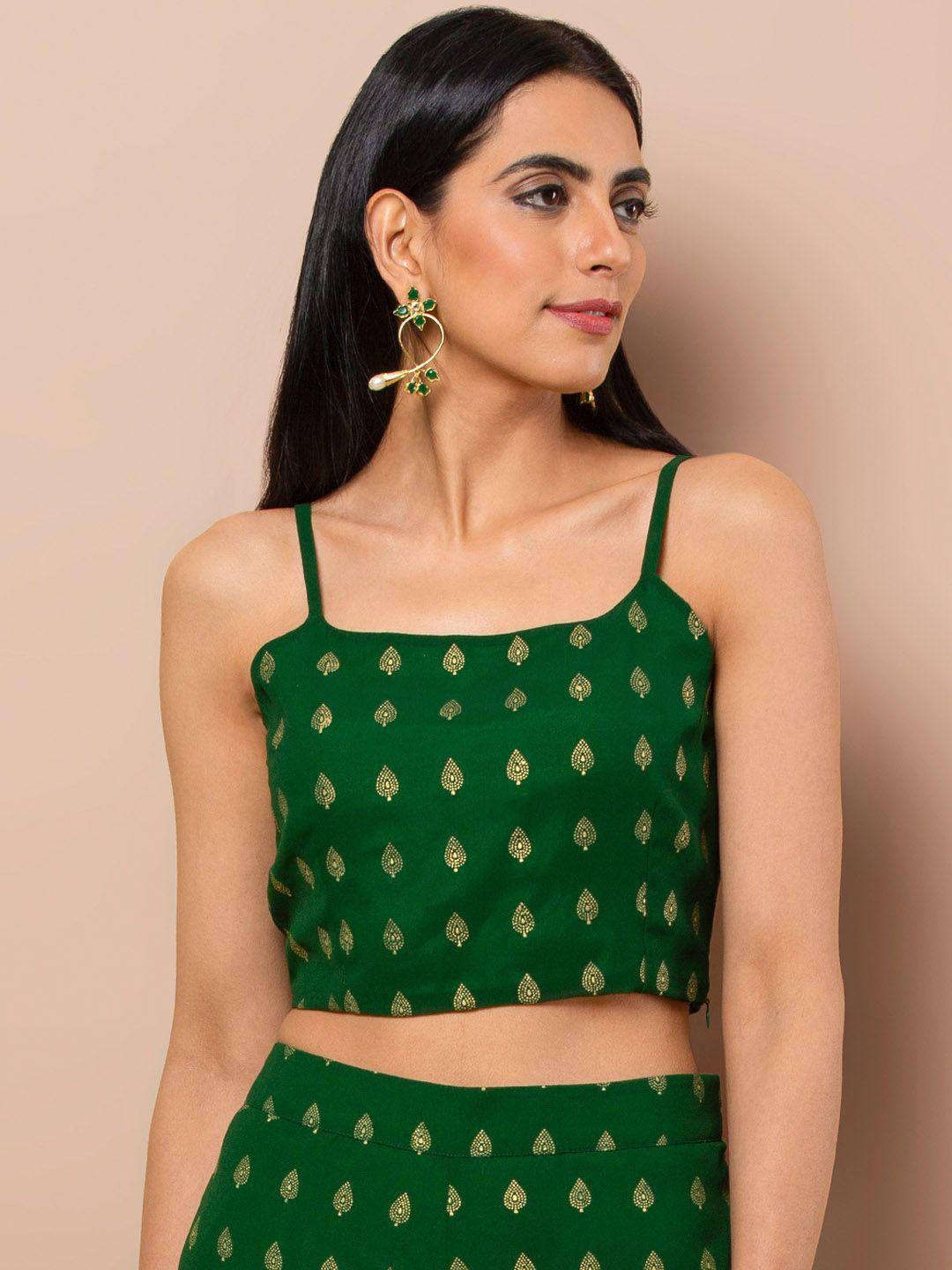 indya women green printed fitted crop top