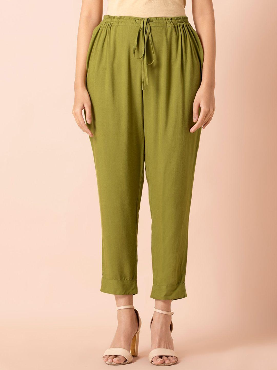 indya women green straight fit solid cigarette trousers