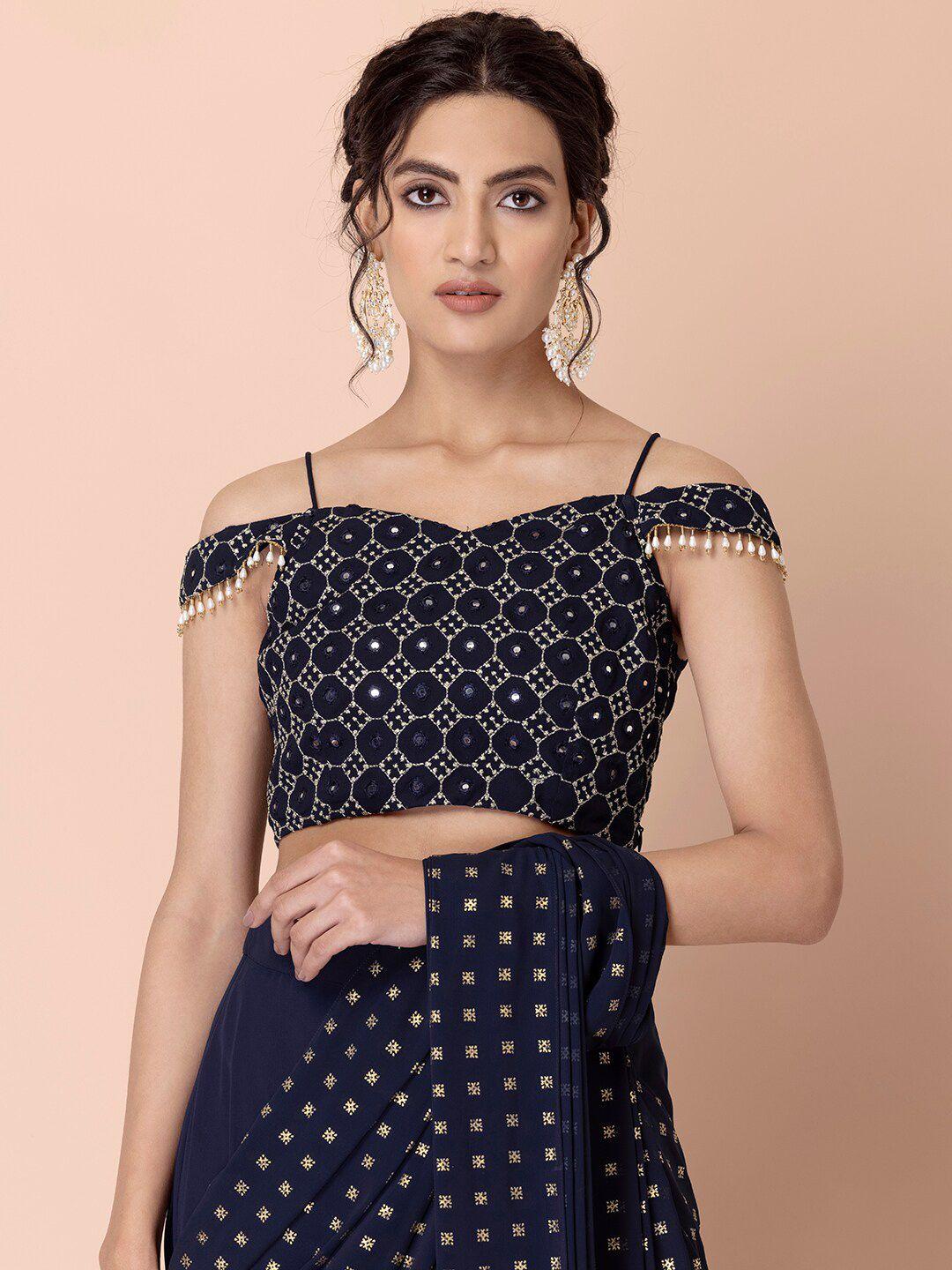 indya women navy blue embroidered tasseled off shoulder saree blouse