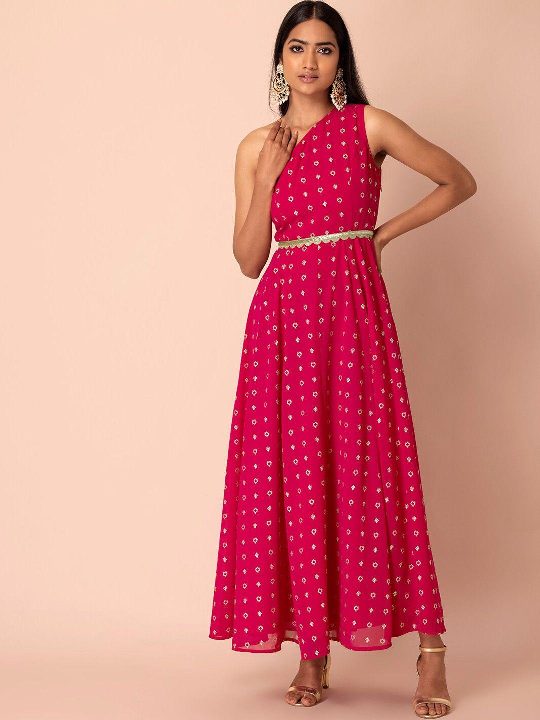 indya women pink one shoulder belted ethnic dress