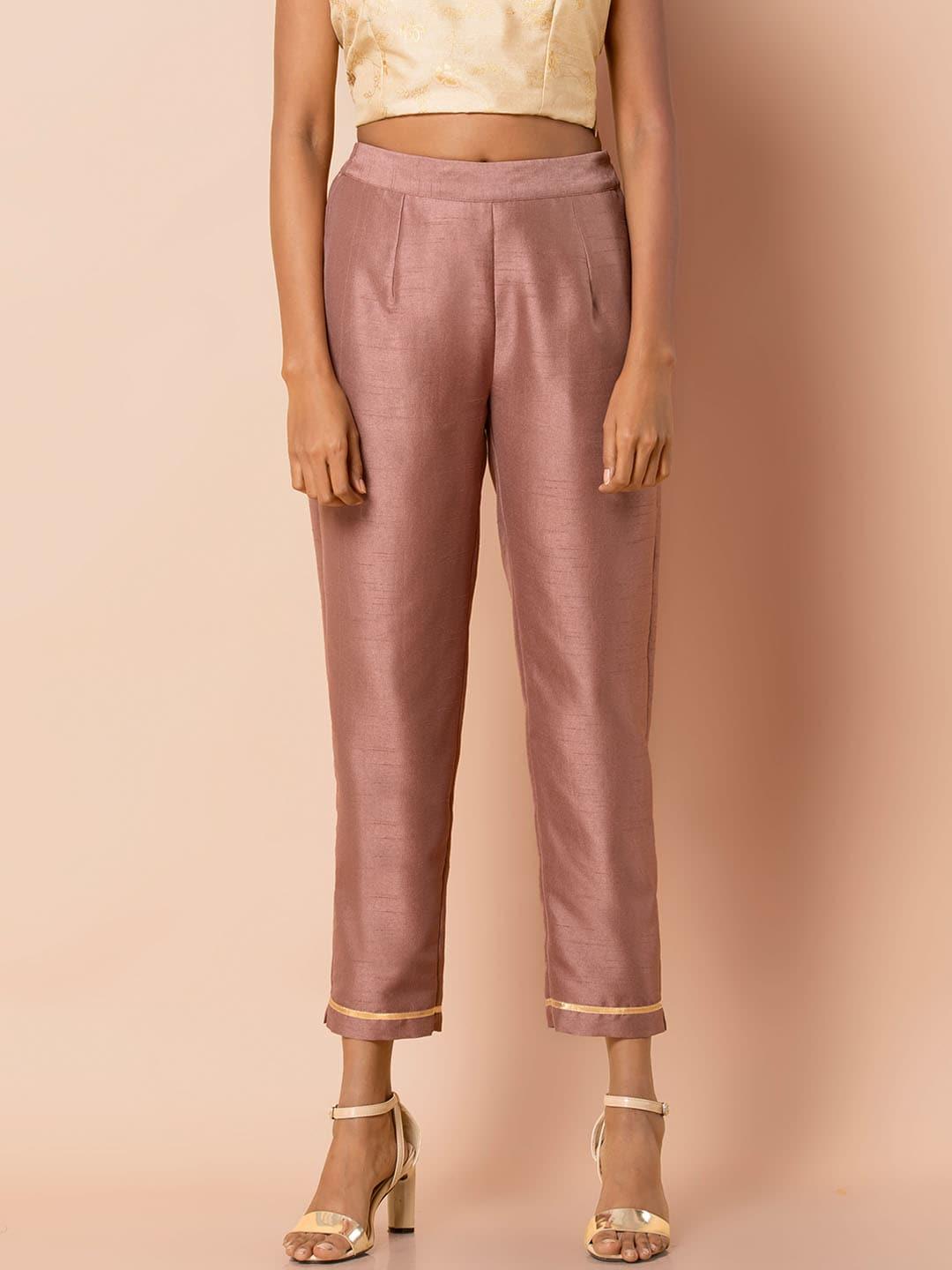 indya women pink slim fit solid cigarette trousers