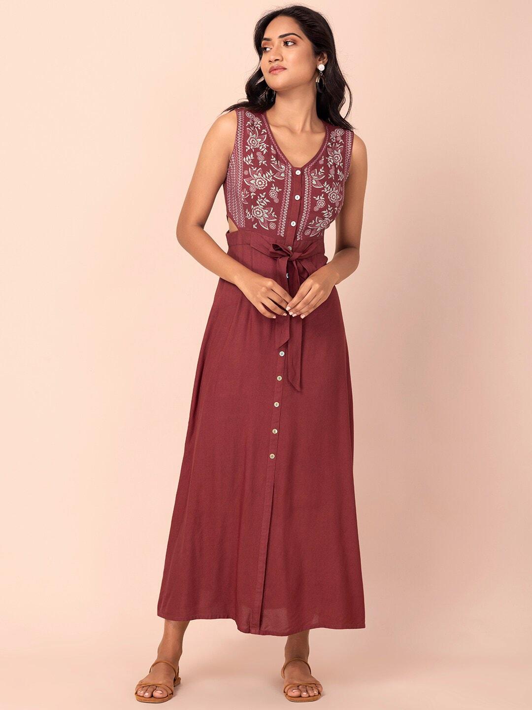 indya women rust & grey floral ethnic a-line maxi dress