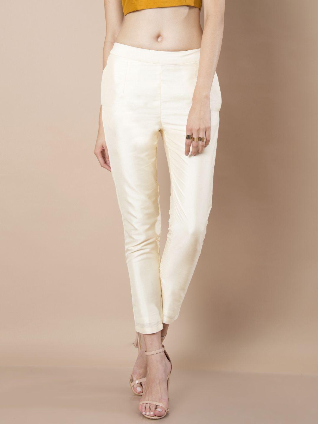 indya women white tapered fit cigarette trousers
