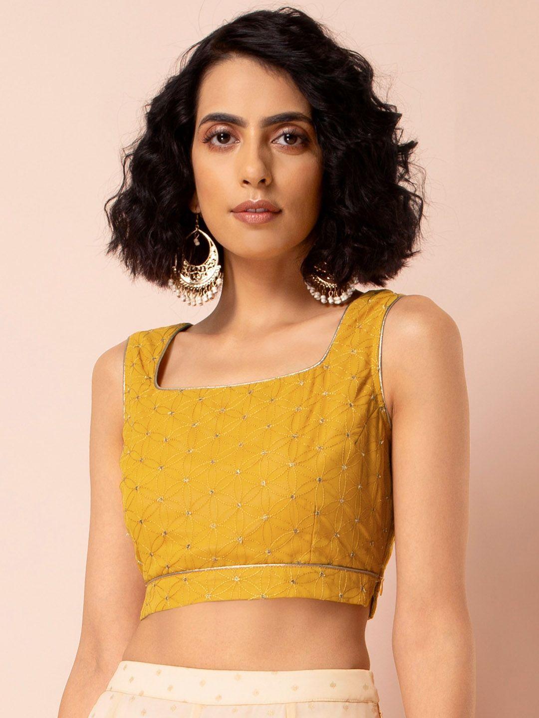 indya women yellow embroidered ethnic crop top