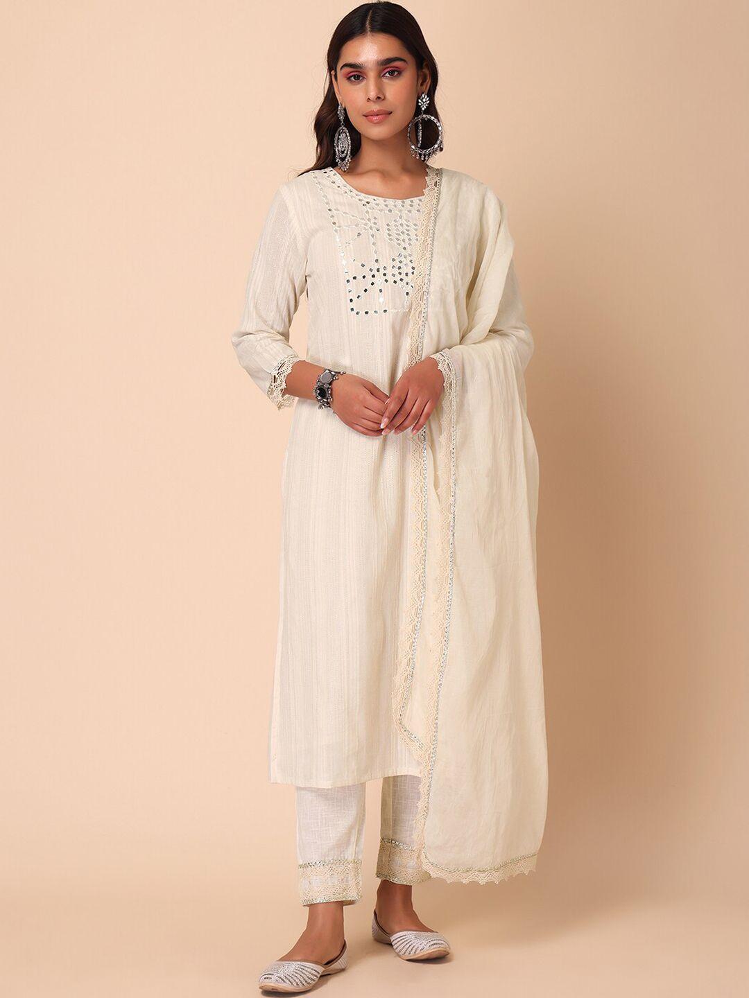 indya women yoke design mirror work straight cotton kurta with trouser & dupatta