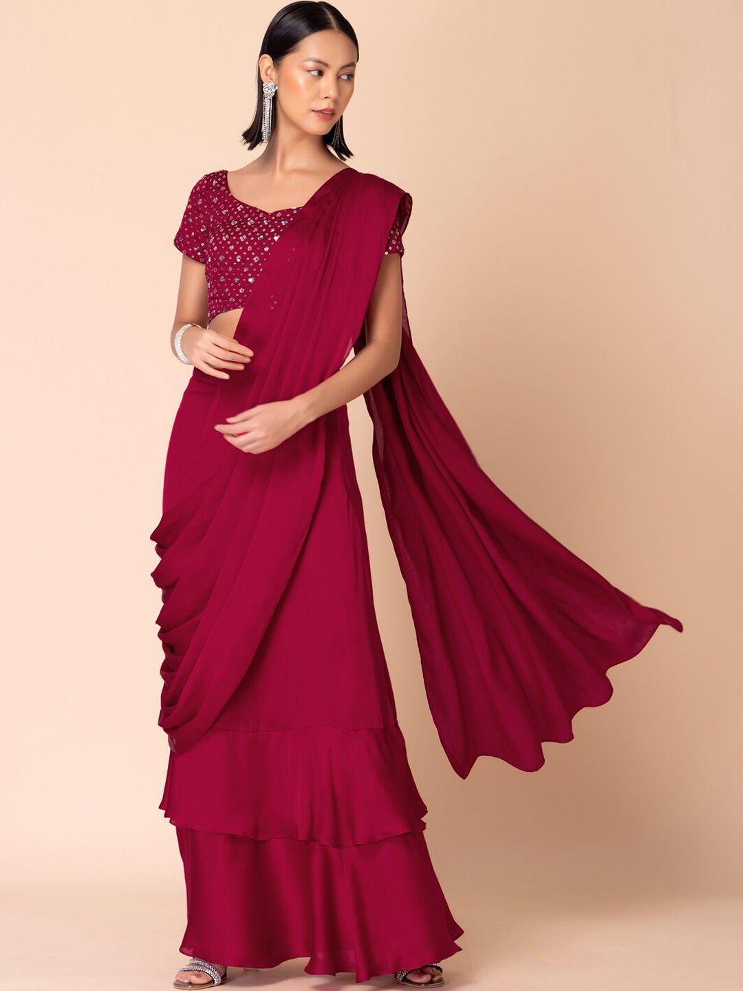 indya zari satin ruffled ready to wear saree with sequin embroidered blouse