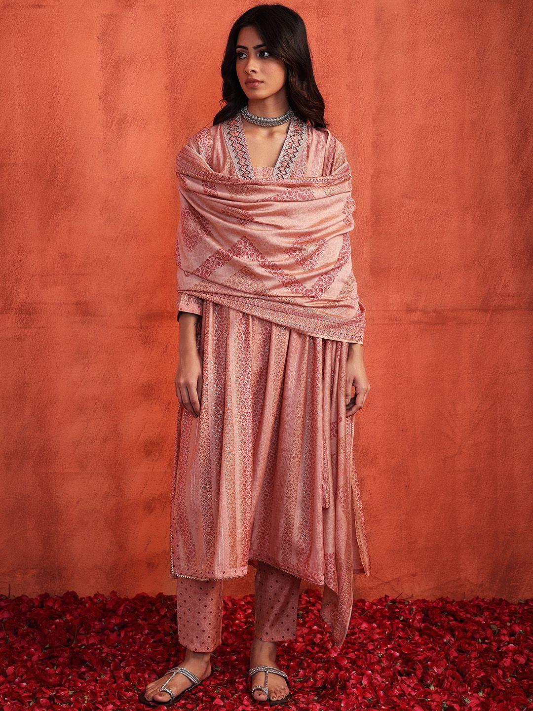 indya  embroidered pleated kurta with trousers & with dupatta