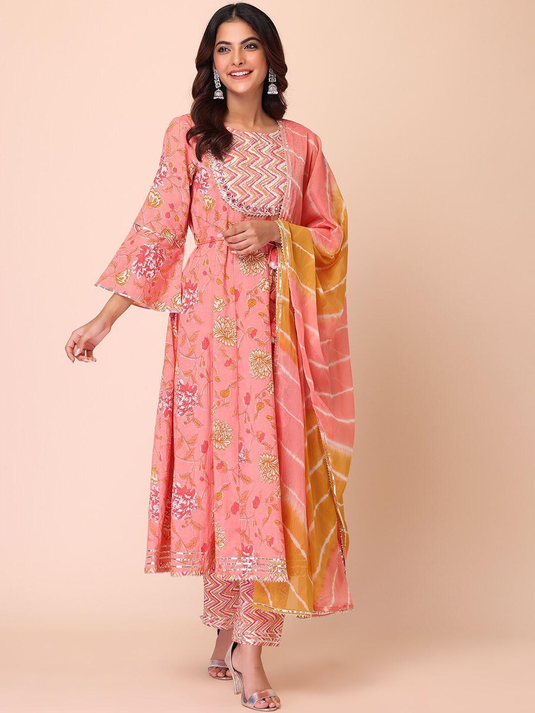indya  ethnic motifs printed pure cotton kurti with trousers & with dupatta