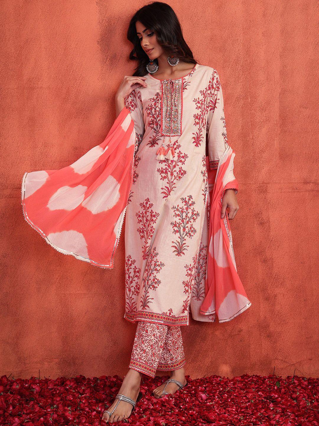 indya  floral embroidered pure cotton kurta with trousers & with dupatta