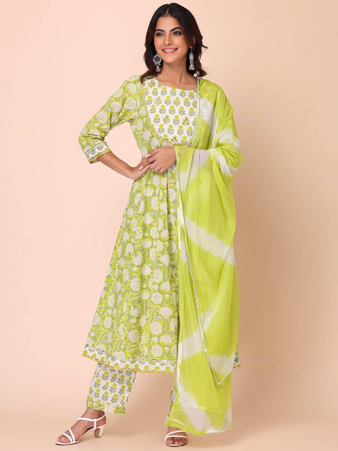 indya  floral printed pleated pure cotton kurti with trousers & with dupatta