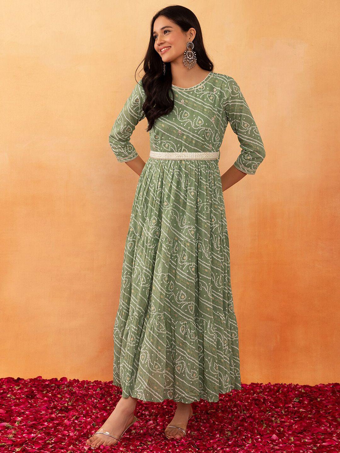 indya bandhani printed pure cotton fit & flare ethnic dress with belt