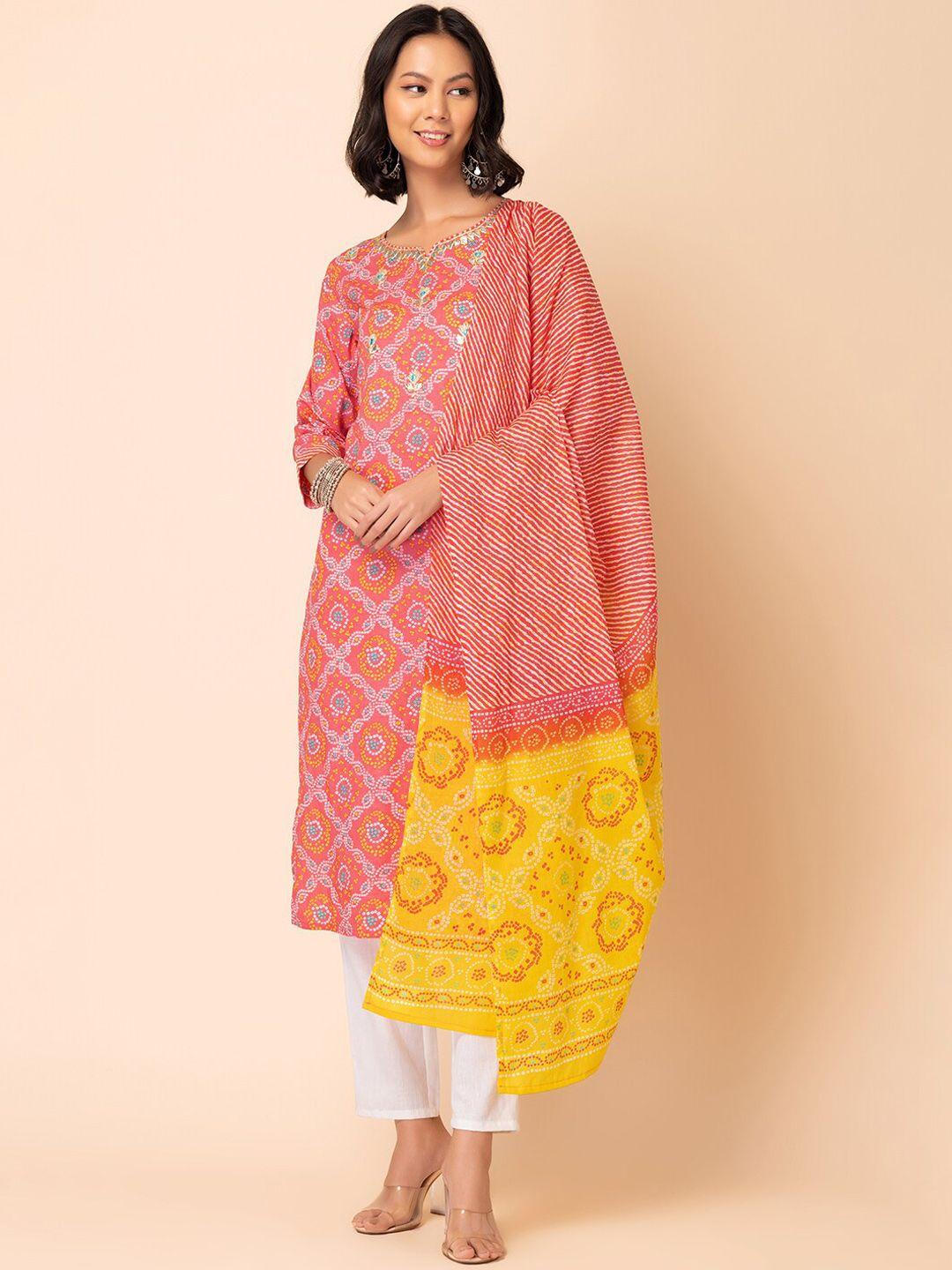 indya bandhani printed pure cotton kurta with trouser & dupatta