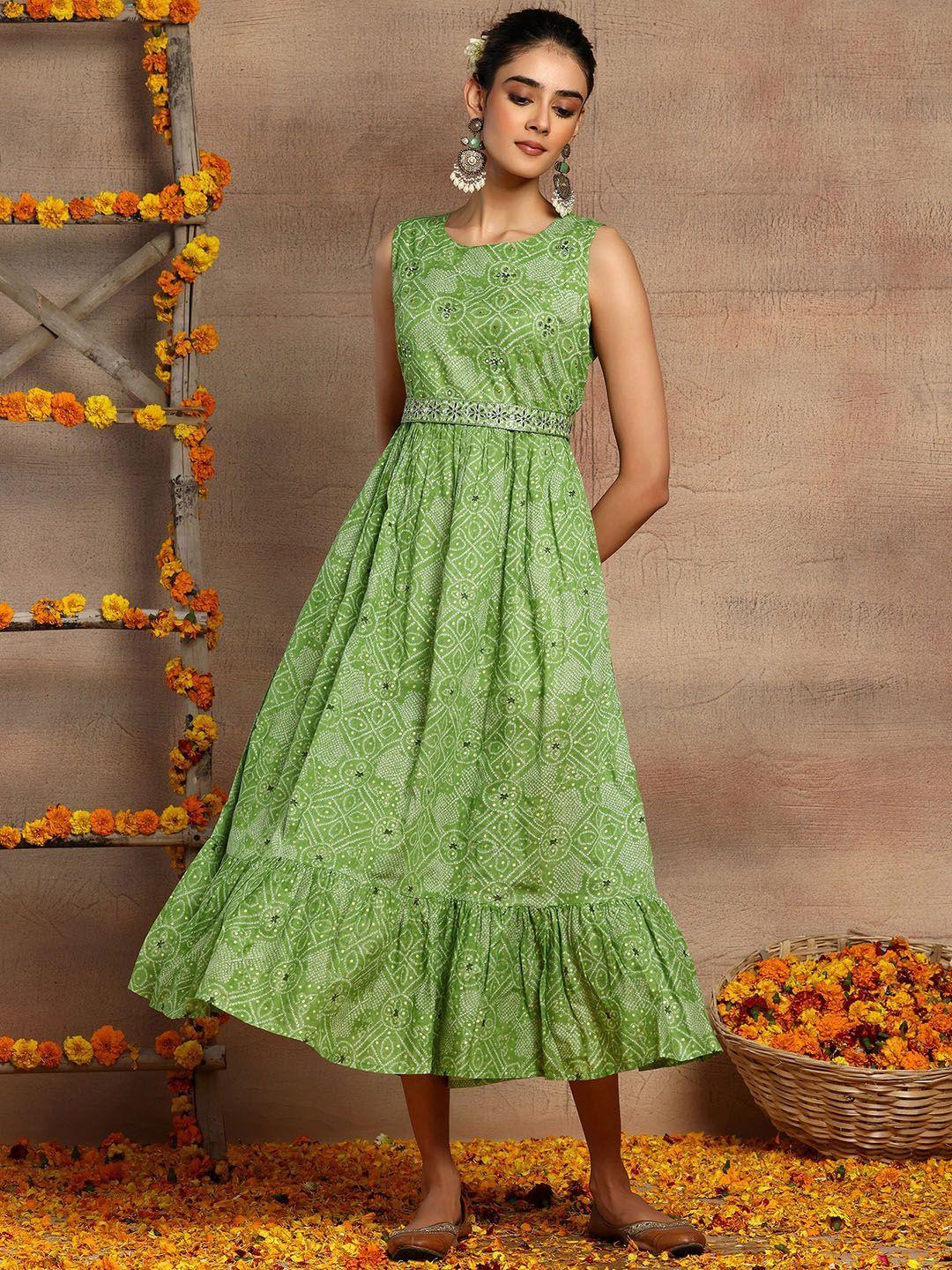 indya bandhani printed pure cotton midi ethnic dress comes with embellished belt