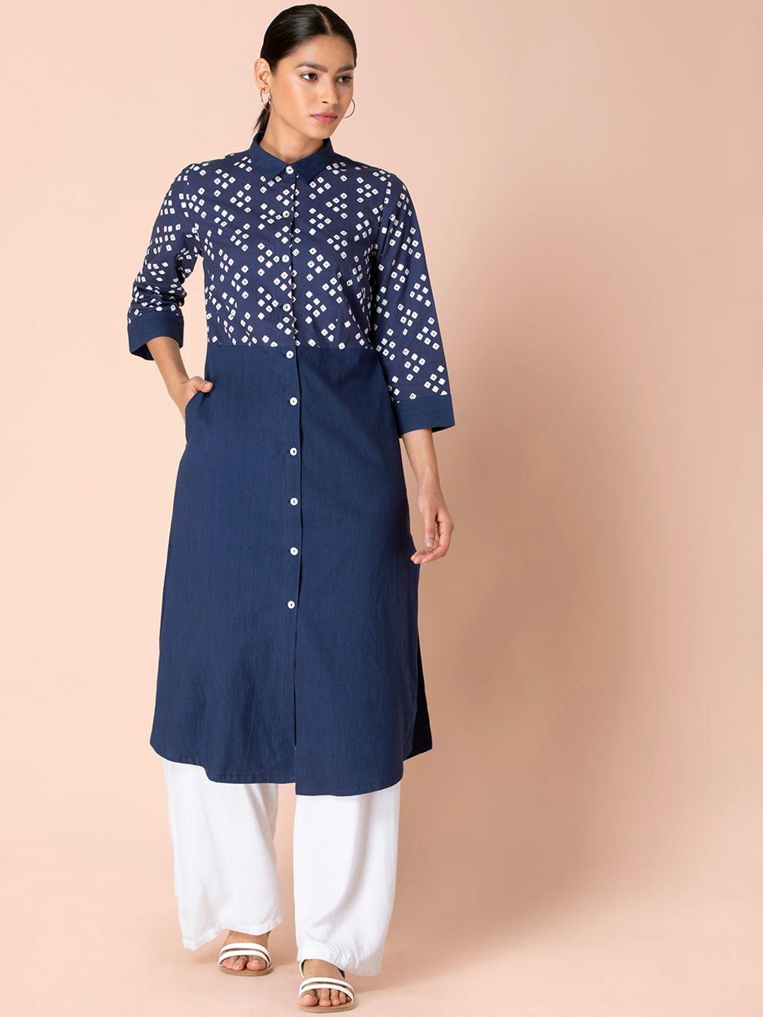 indya bandhani printed pure cotton shirt collar straight kurta